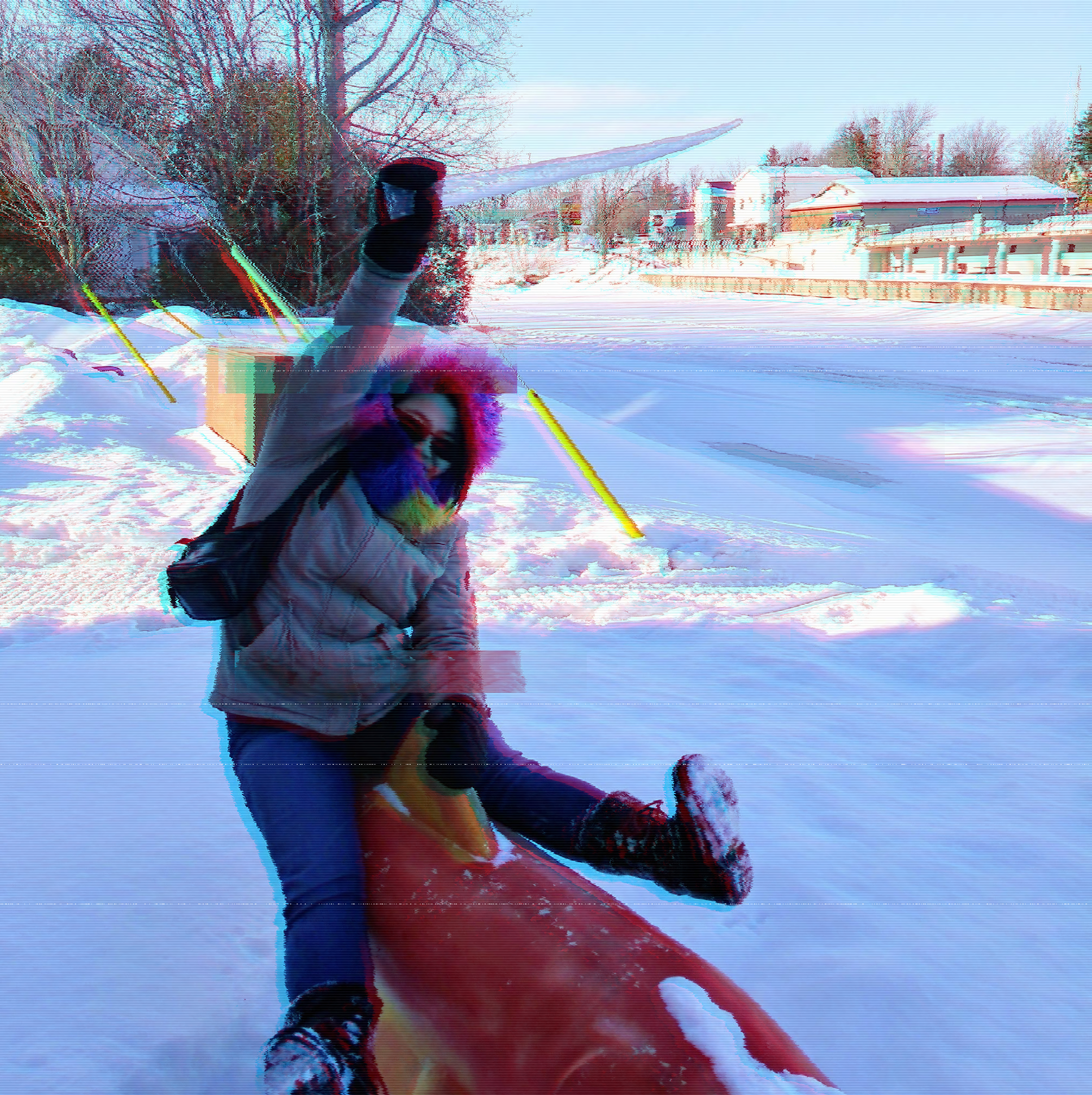 glitchy picture of me wearing a massive fluffy hat riding a salmon statue holding a 2 foot long icicle
